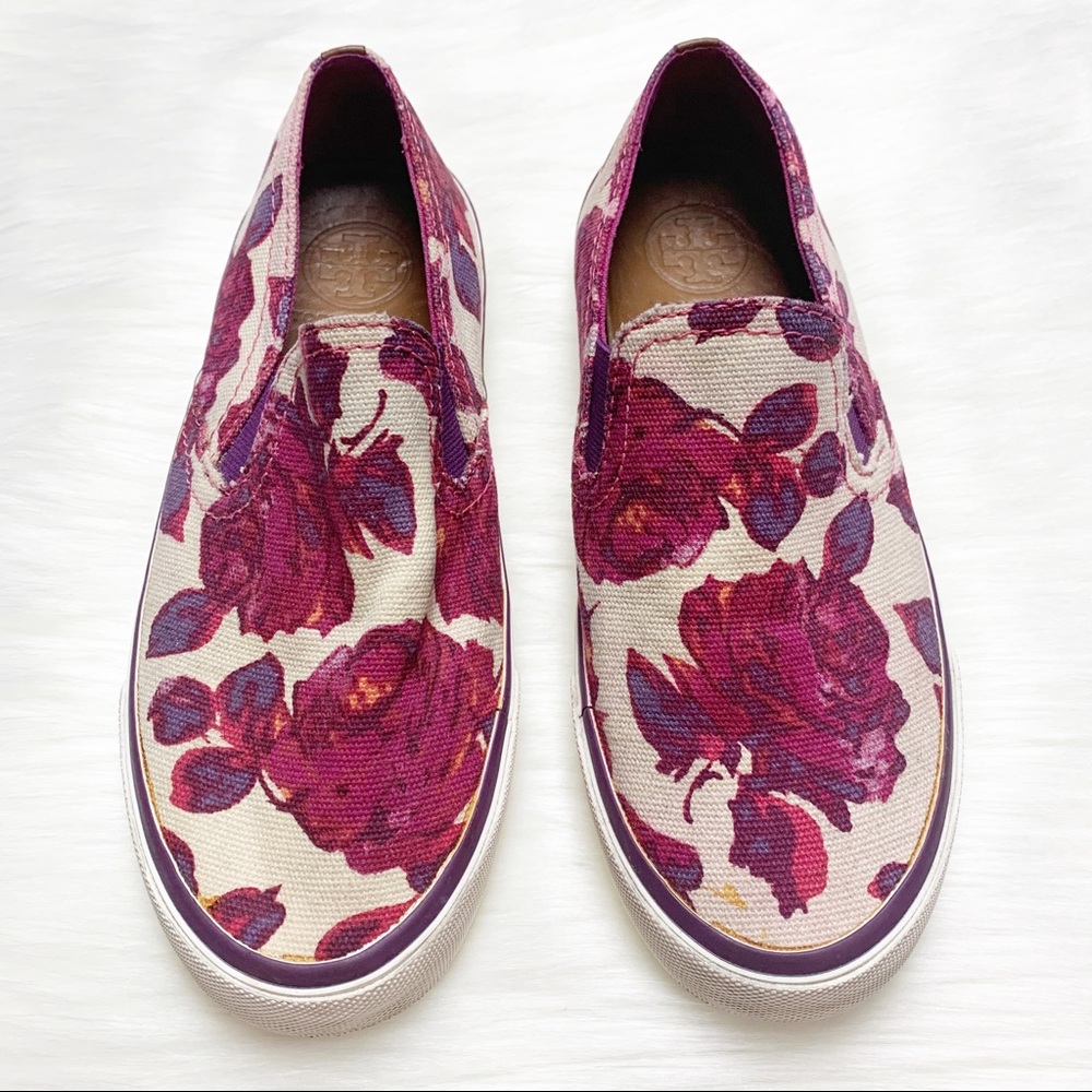 Tory Burch Floral Canvas Slip-On Sneakers in Burgundy and Cream
